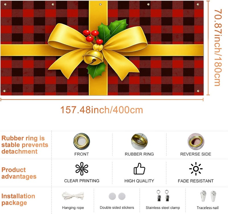 IVN Christmas Garage Door Banner 6x13 ft Buffalo Plaid Gift Wrap with Gold Bow and Bells Backdrop Decorative Holiday Christmas Garage Door Cover Mural Winter Scene Photo Backdrop - Image 3